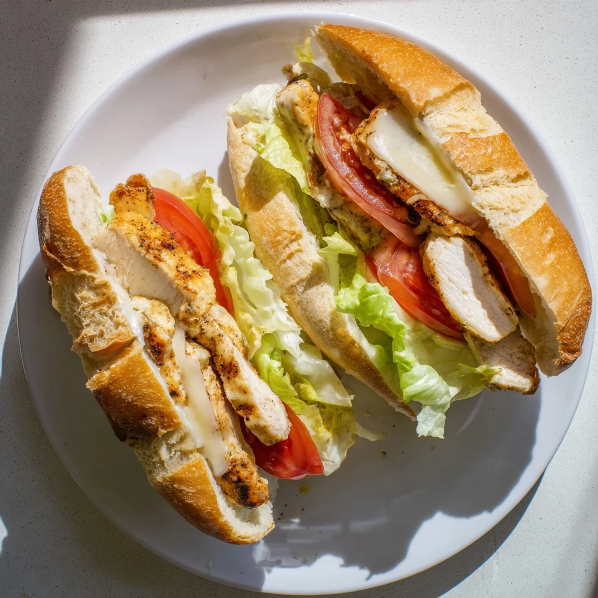 Golden grilled garlic chicken sandwich with crisp lettuce, tomato slices, and creamy garlic mayo on a toasted bun