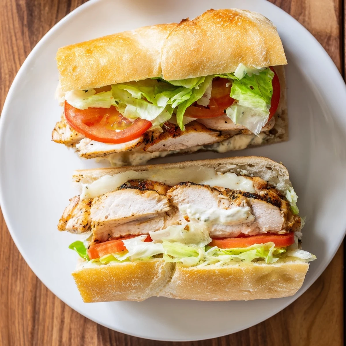 Juicy marinated chicken breast stacked high with fresh vegetables and zesty garlic sauce on a warm toasted sandwich roll
