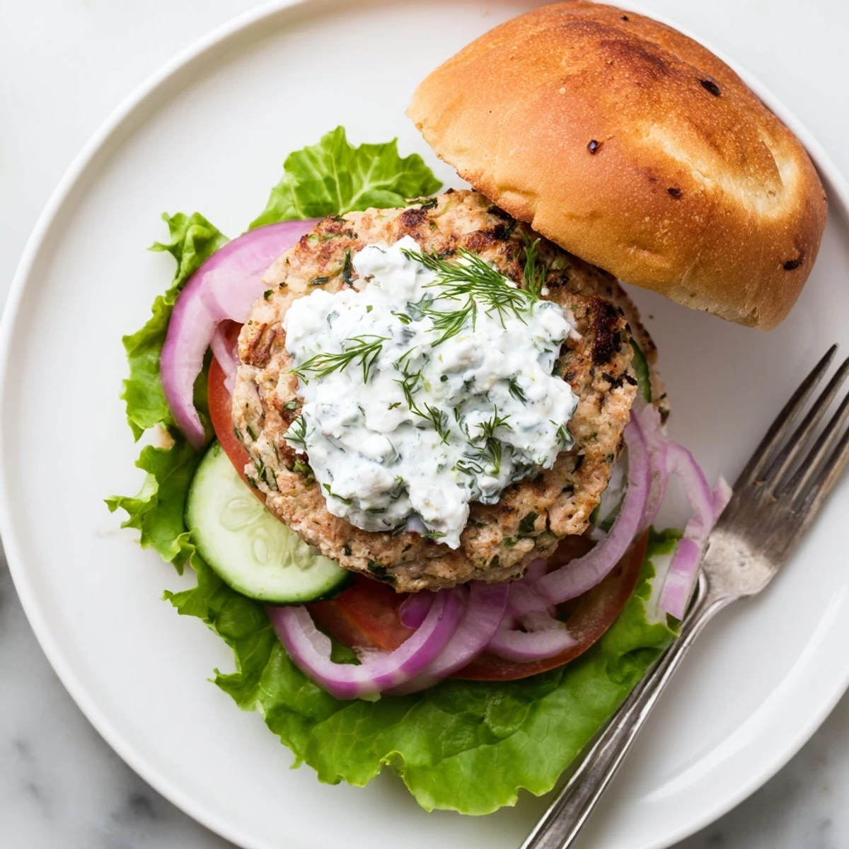 Juicy Greek chicken burgers with feta crumbles topped with thick homemade tzatziki and crisp lettuce