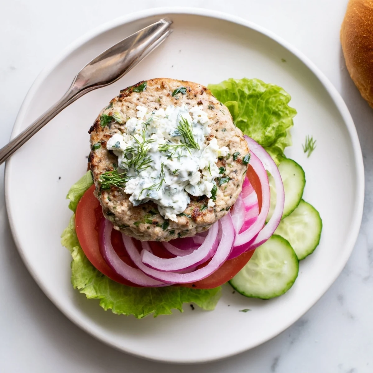 Mediterranean style Greek chicken burgers sizzling on a grill pan served with cucumber yogurt sauce