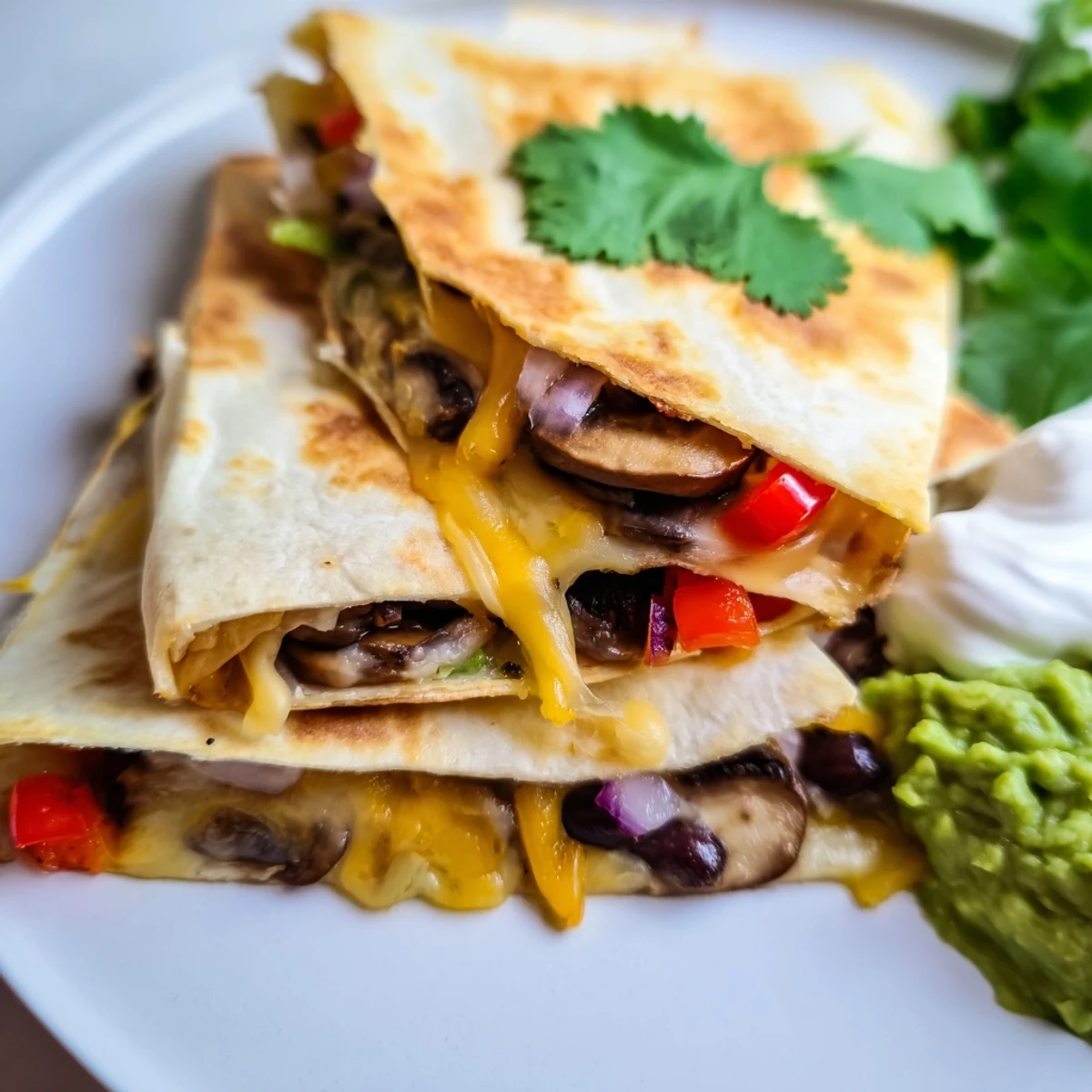 Golden brown quesadillas with melted cheddar and Monterey Jack cheese oozing from crispy tortillas