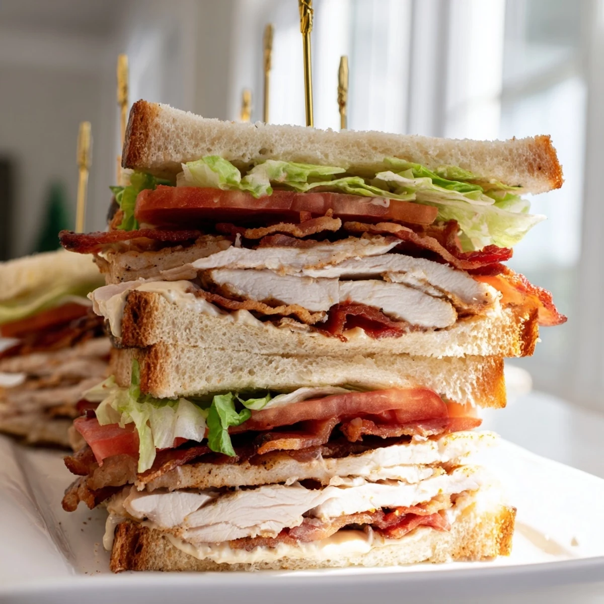 Golden triple-decker Chicken Club Sandwiches stacked with crispy bacon, fresh lettuce, juicy tomatoes