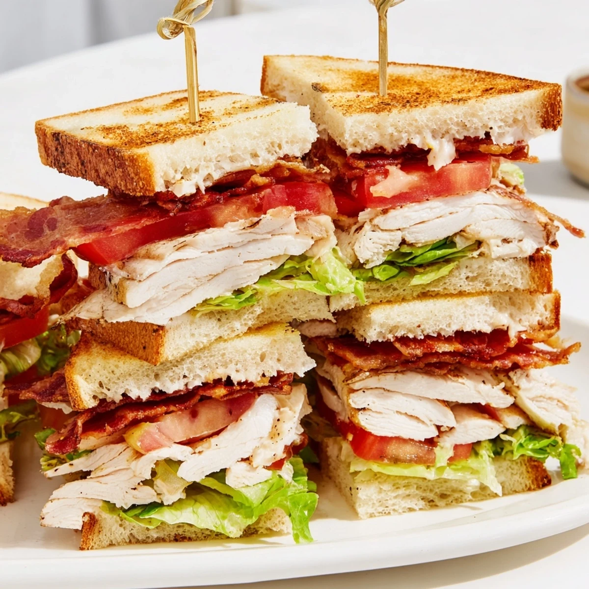 Homemade Chicken Club Sandwiches featuring tender sliced chicken and crisp vegetables between toasted bread