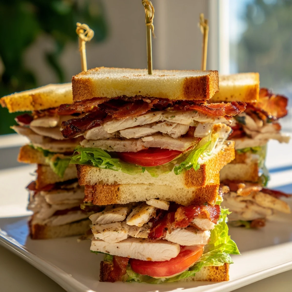  diagonally sliced Chicken Club Sandwiches revealing layered bacon, tomatoes, and seasoned chicken on golden toast