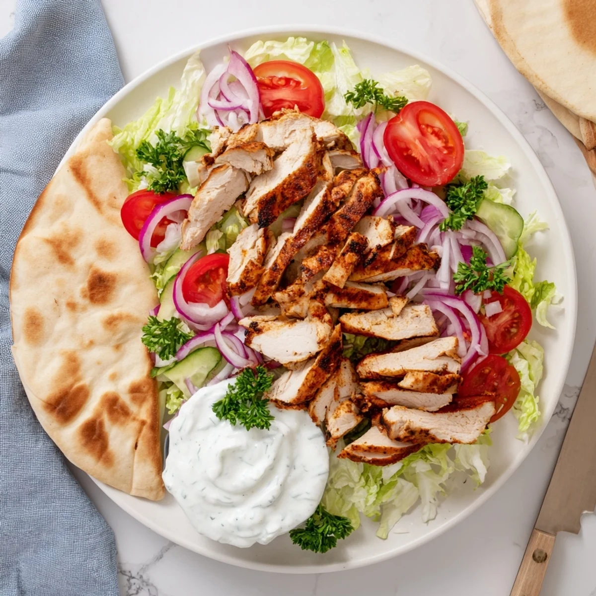 Golden spiced chicken shawarma slices stacked in a warm pita with creamy garlic sauce drizzled over fresh lettuce and tomatoes.