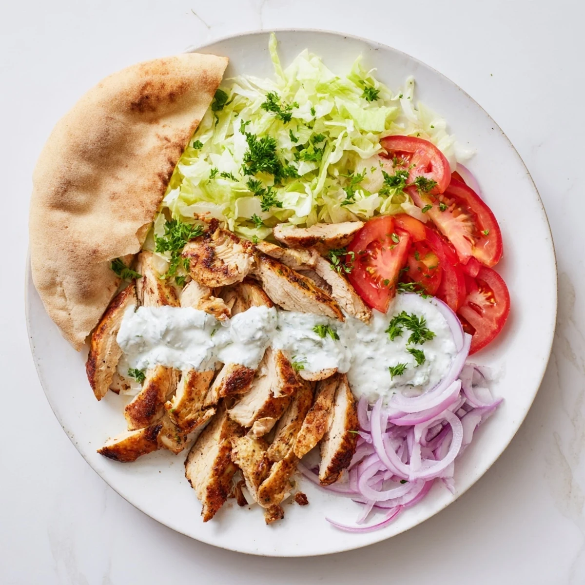Charred chicken shawarma pieces arranged in a bowl with crisp vegetables and a thick white garlic sauce for dipping.