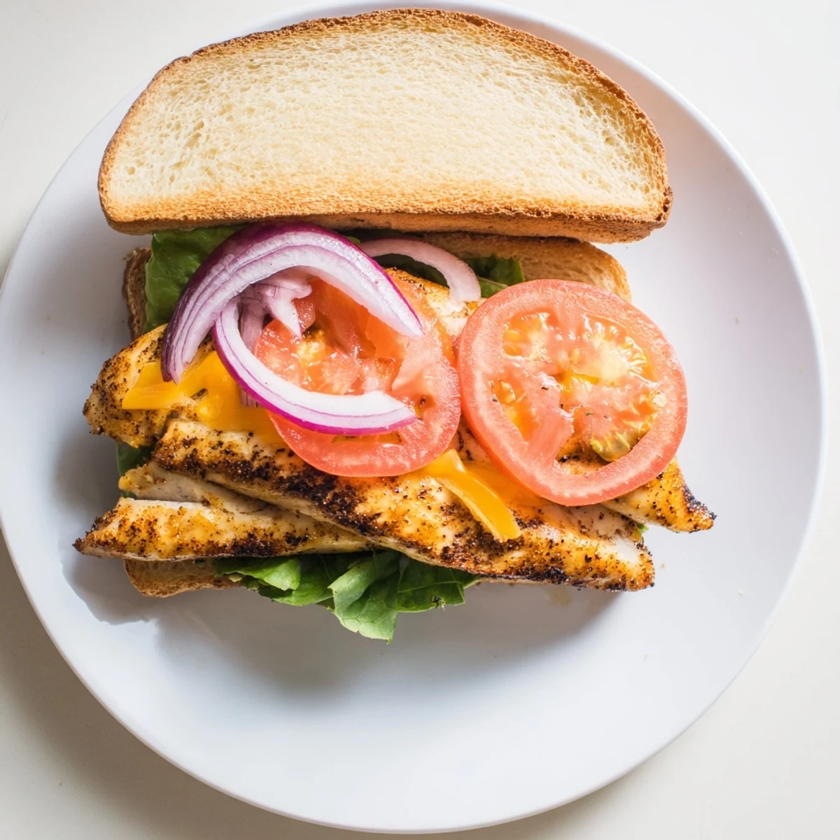 Golden grilled chicken breast sandwich stacked with crisp lettuce tomato and melted cheddar cheese on a toasted bun