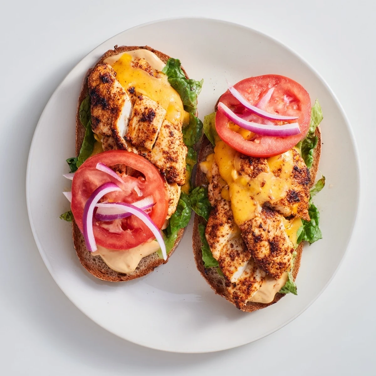 Juicy seasoned grilled chicken sandwich layered with fresh vegetables and creamy Dijon mayonnaise spread on lightly grilled ciabatta