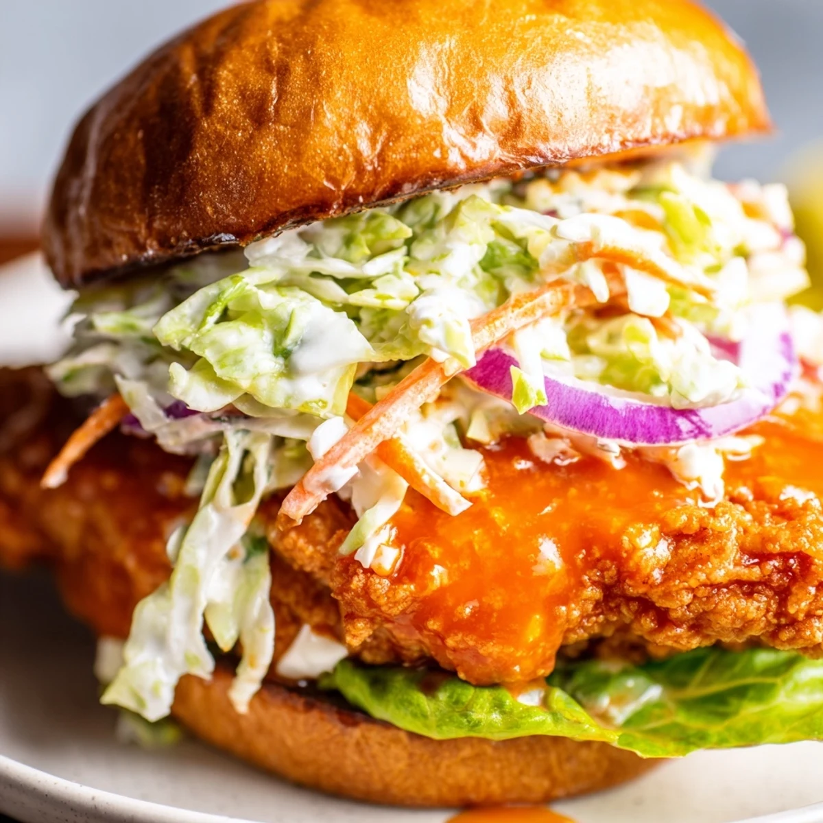 Golden crispy buffalo chicken sandwich topped with cool ranch slaw on toasted brioche bun