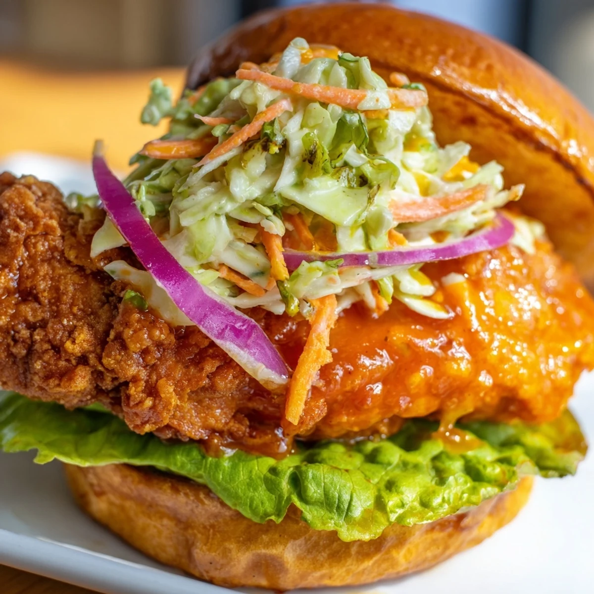 Spicy buffalo fried chicken breast piled high with creamy cabbage slaw in soft sandwich