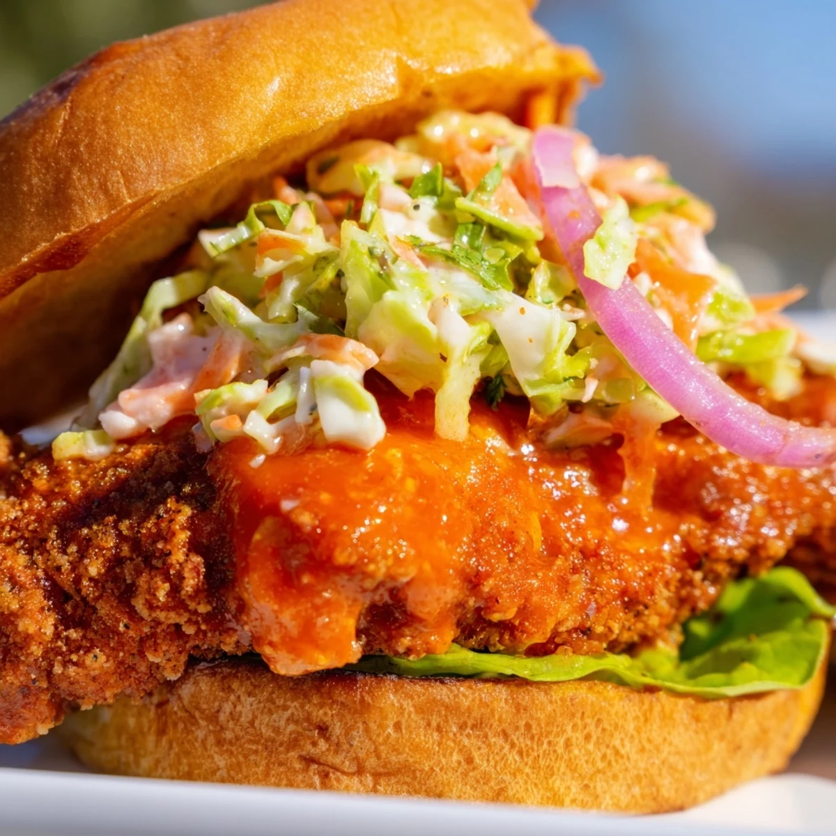 Crispy buffalo chicken sandwich featuring juicy seasoned meat and tangy ranch coleslaw topping