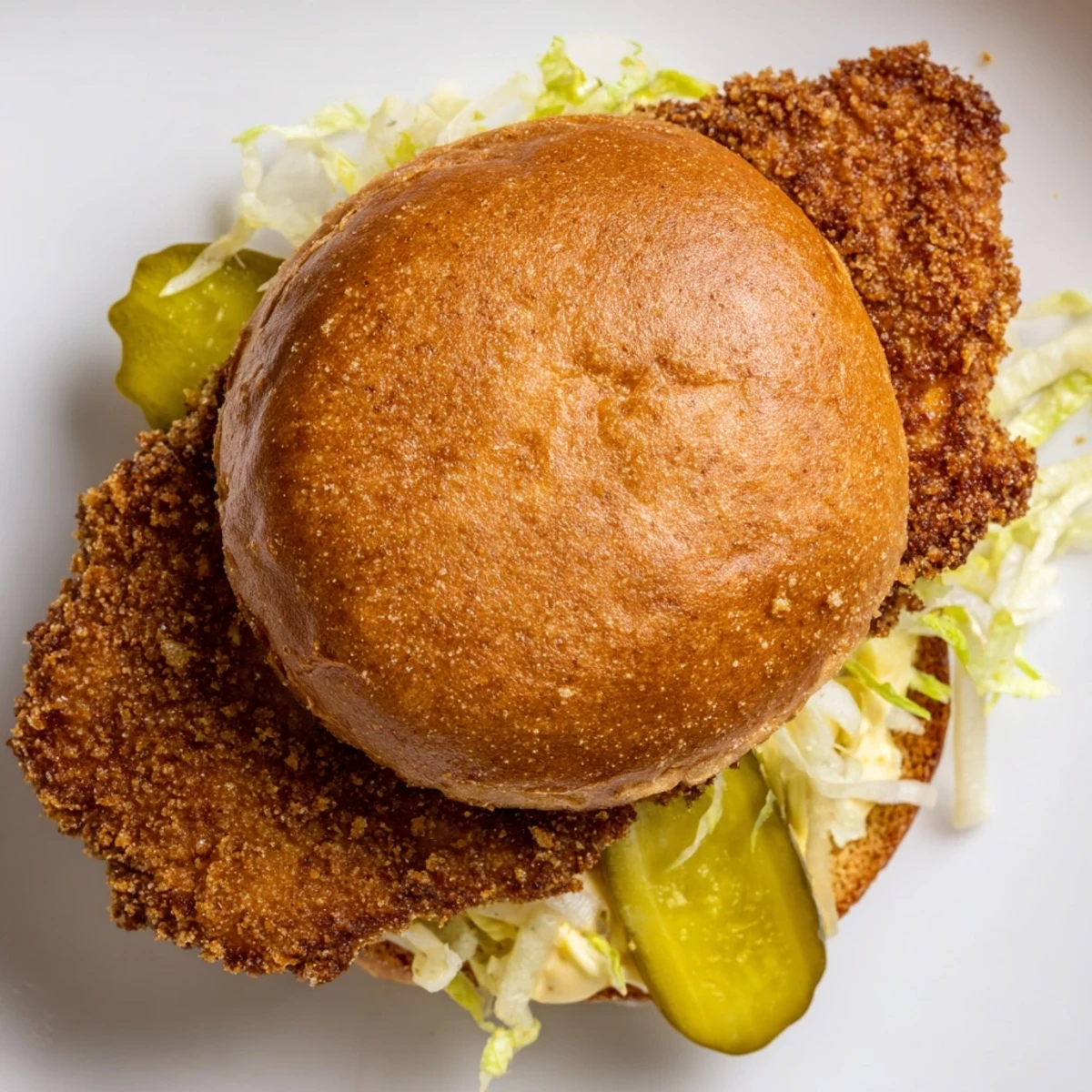 Golden brown crispy chicken burger stacked with fresh lettuce on toasted brioche bun