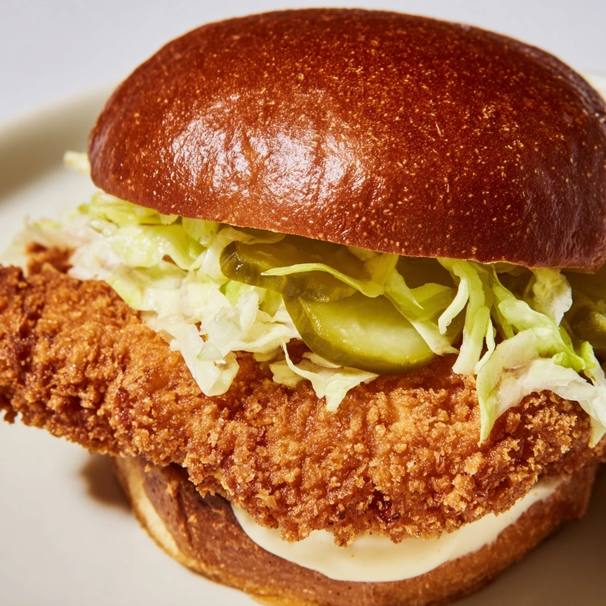 Crispy chicken burger served with creamy sauce and crisp vegetables on brioche