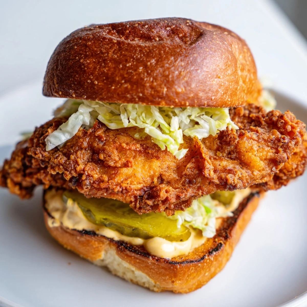 Homemade crispy chicken burger featuring juicy fried breast and tangy pickle slices
