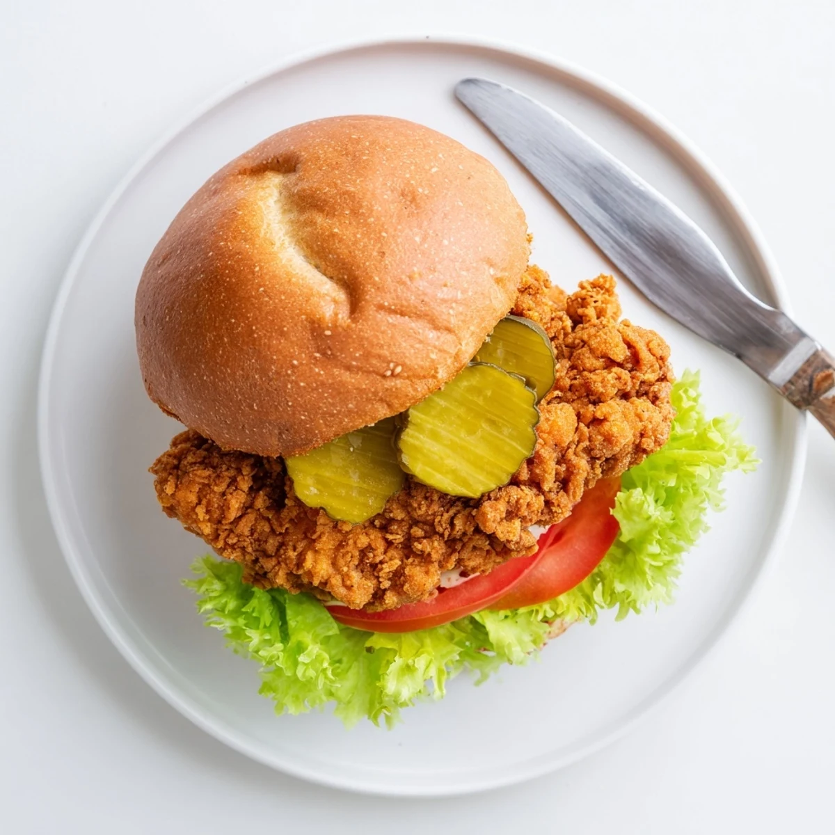 Golden ultra crunchy fried chicken burger stacked with fresh lettuce tomato and pickles on toasted bun