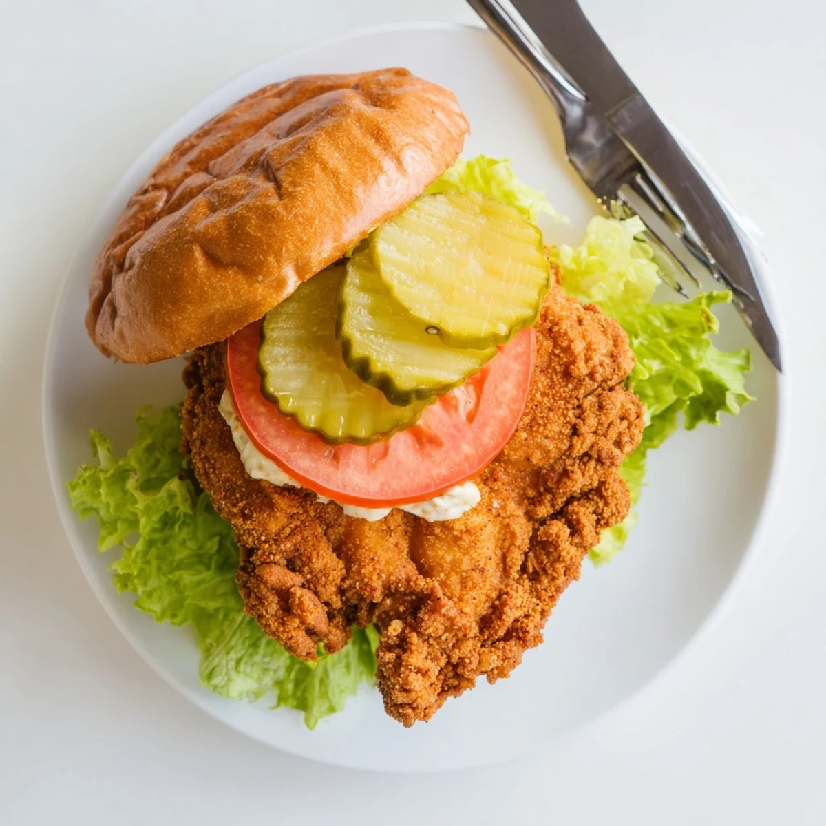 Mouthwatering ultra crunchy fried chicken burger served on brioche bun with ripe tomato slices