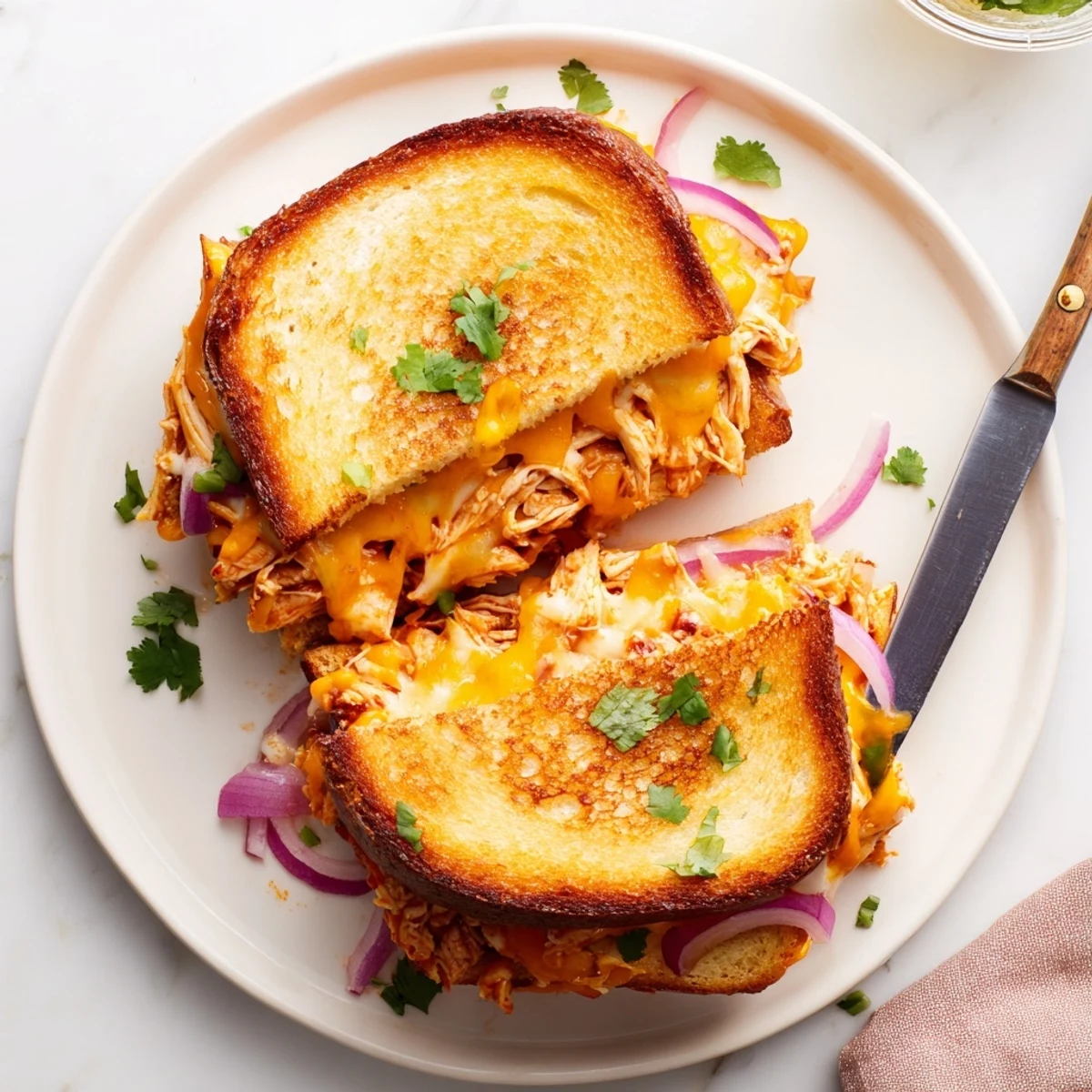 Golden BBQ chicken grilled cheese sandwich with melted cheddar and crispy sourdough bread