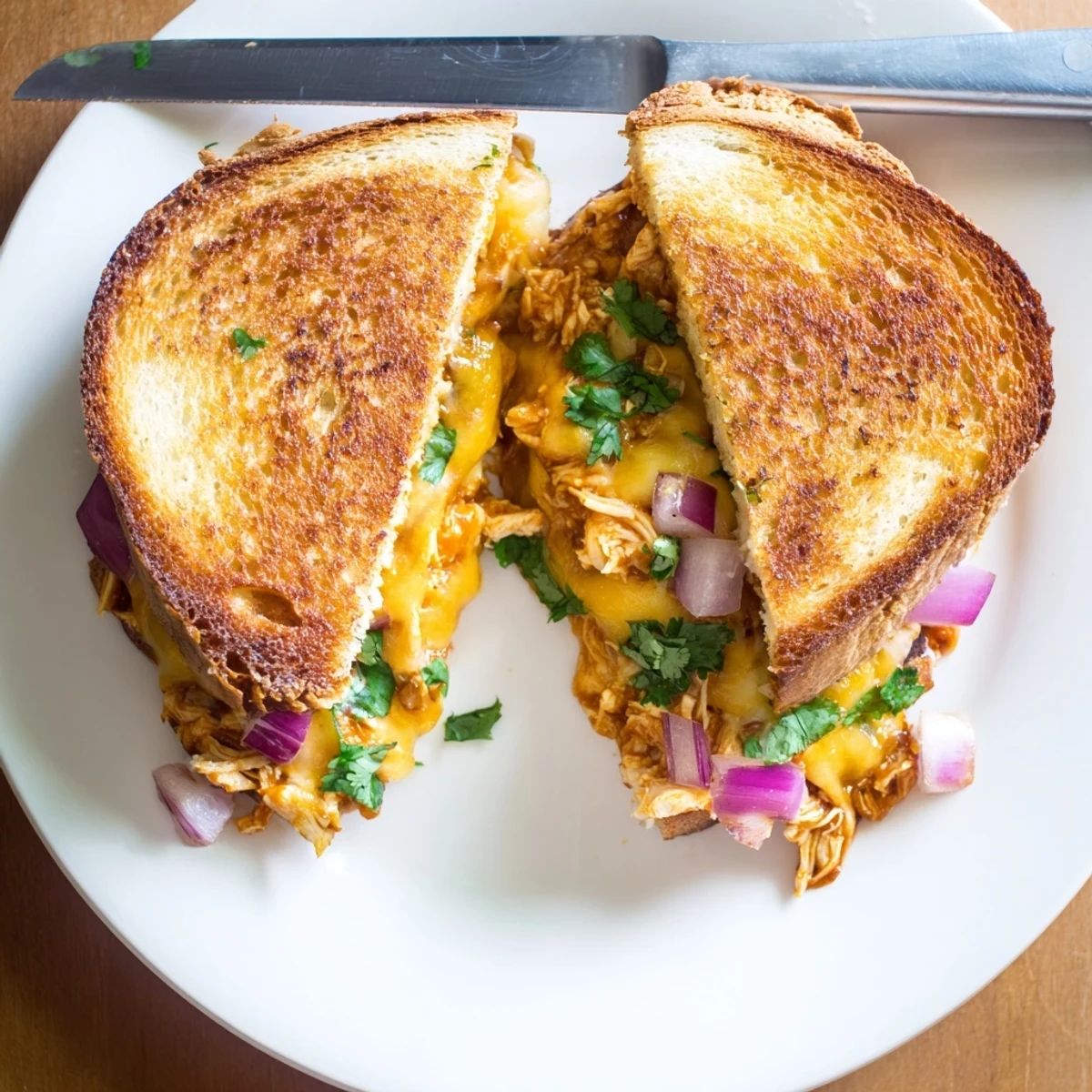 Sliced grilled cheese featuring tangy BBQ chicken and gooey mozzarella on buttery toasted bread