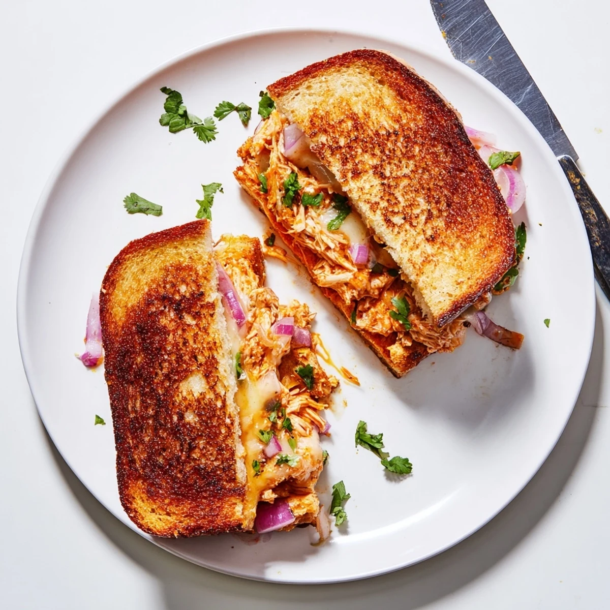Warm BBQ chicken grilled cheese oozing melted cheese between golden brown sourdough slices