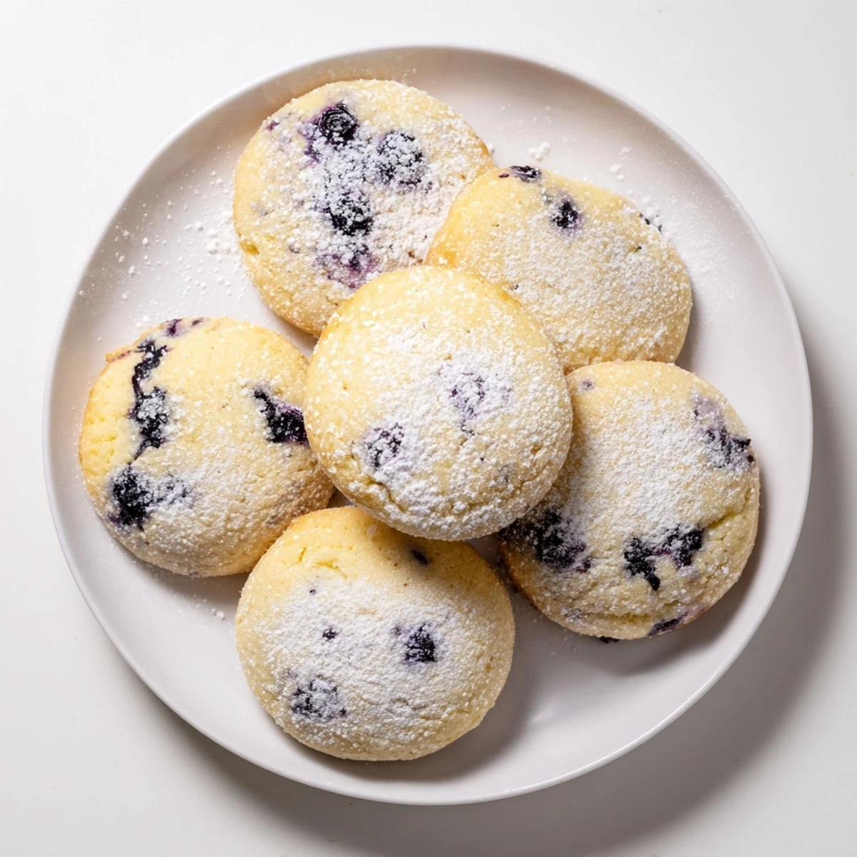 Soft lemon blueberry cookies with powdered sugar dusting on a white wire cooling rack