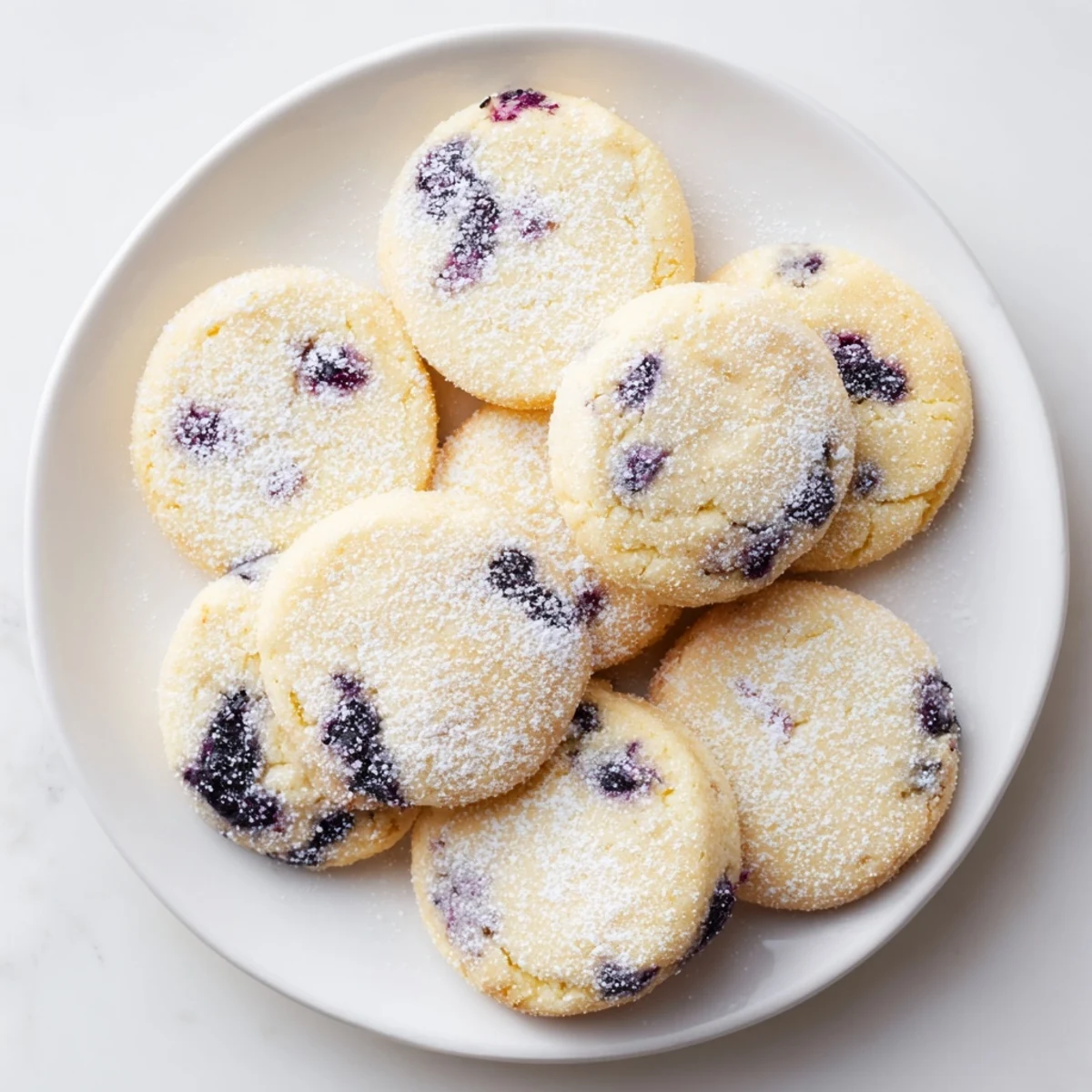 Golden soft lemon blueberry cookies studded with purple fresh blueberries on parchment paper