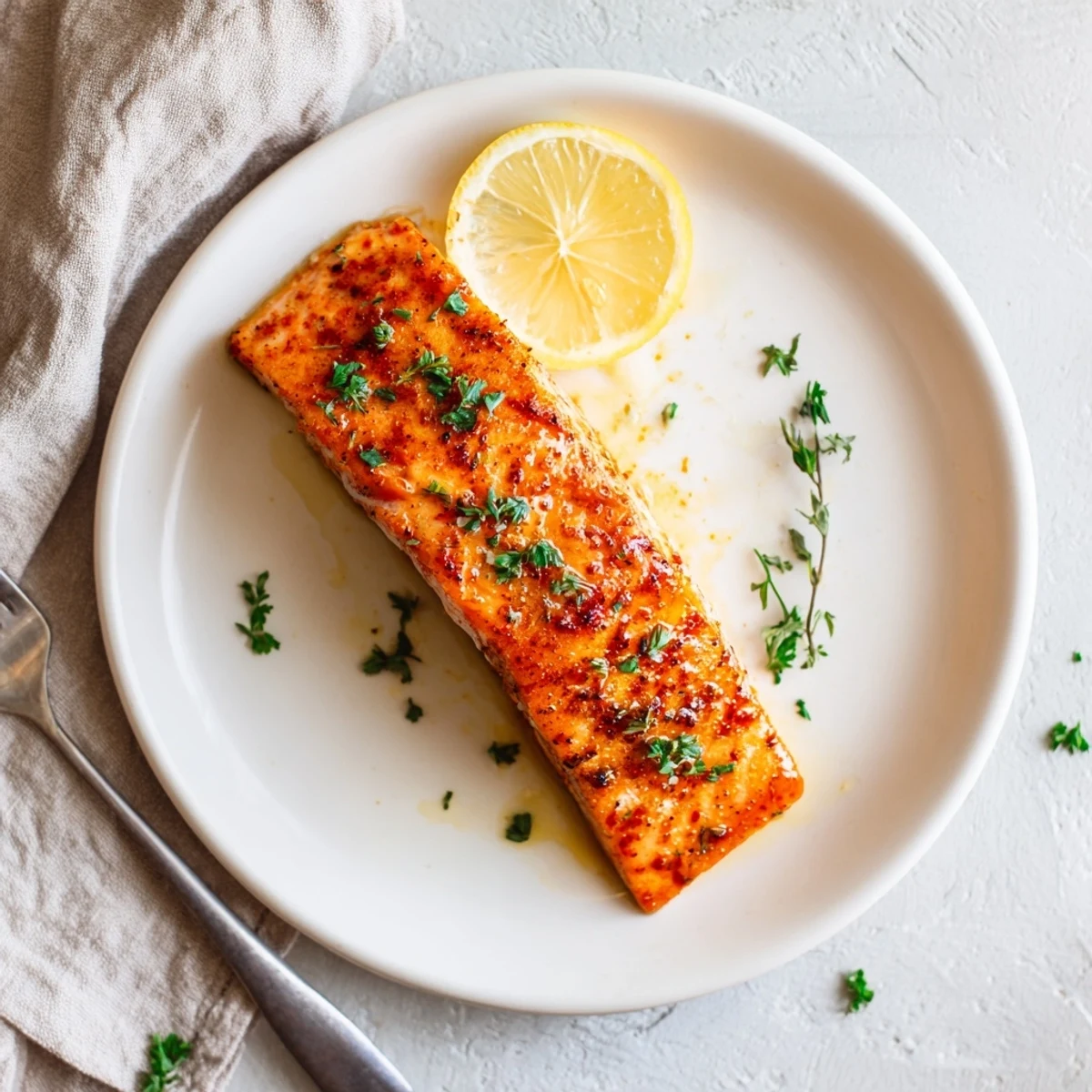 Oven-baked salmon with caramelized edges served on white plate with lemon wedge and green beans