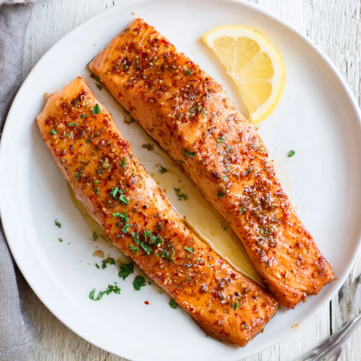 Flaky tender salmon brushed with smoky butter lemon sauce and garnished with fresh parsley sprigs