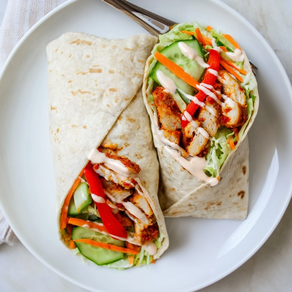 Golden sweet chili chicken wraps with crisp vegetables drizzled in tangy sauce wrapped in warm flour tortillas