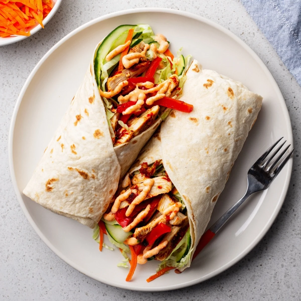Sliced sweet chili chicken wraps packed with colorful peppers, carrots, and lettuce on a serving platter