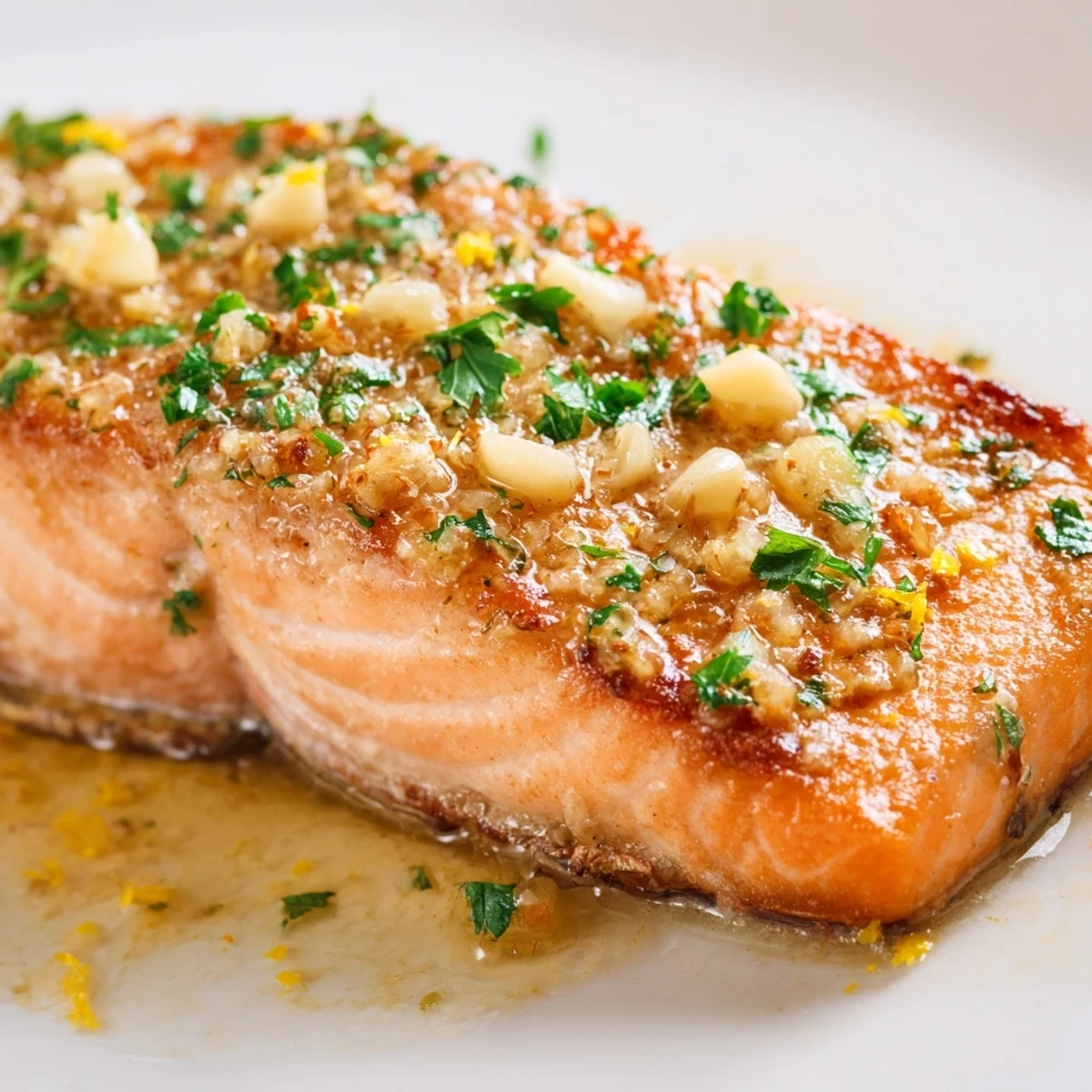 Golden pan seared salmon fillets drizzled with melted garlic butter sauce and fresh parsley