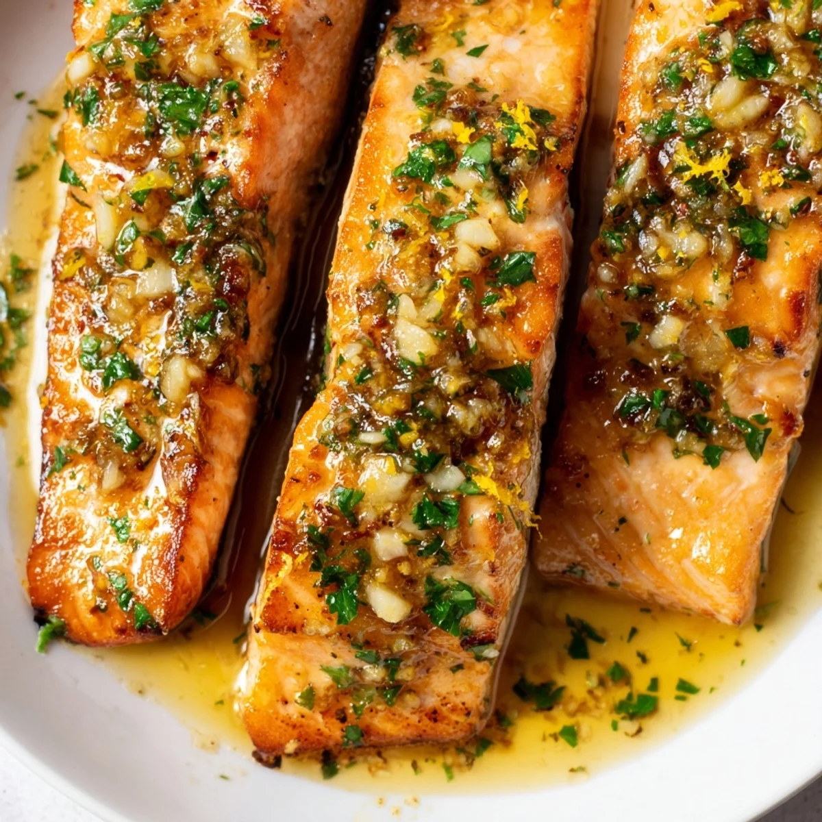 Crispy skinned salmon finished with aromatic garlic butter and garnished with bright lemon wedges