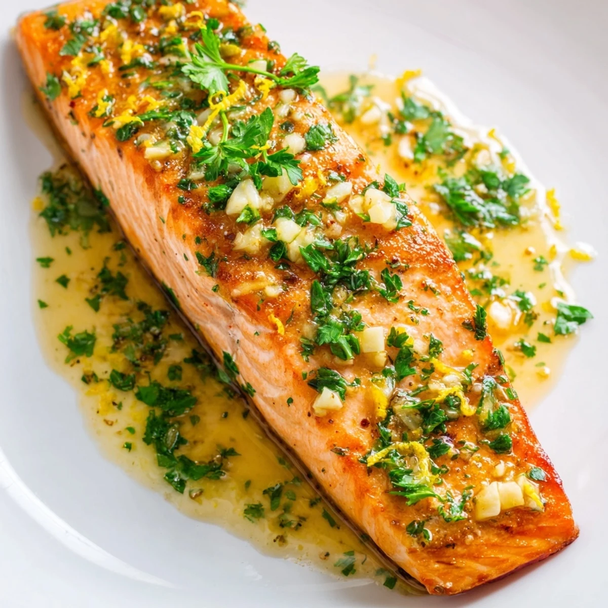 Perfectly cooked pan seared salmon with rich garlic butter glaze on a white serving plate