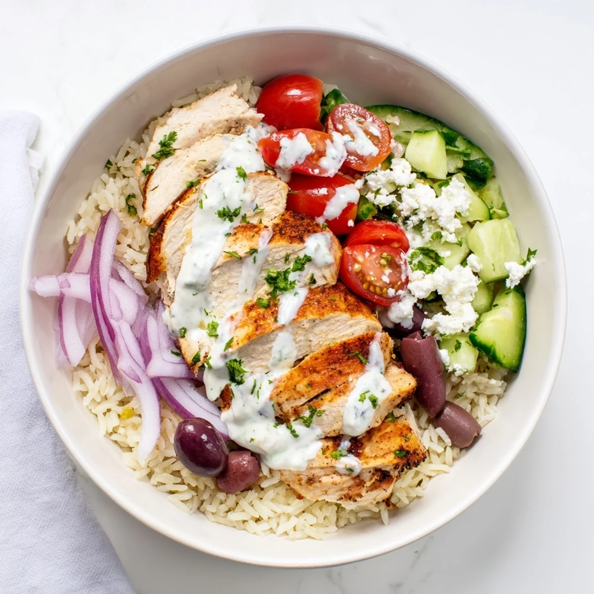 Golden Greek chicken bowls with fluffy rice, fresh Mediterranean vegetables, tangy yogurt sauce, and crumbled feta cheese