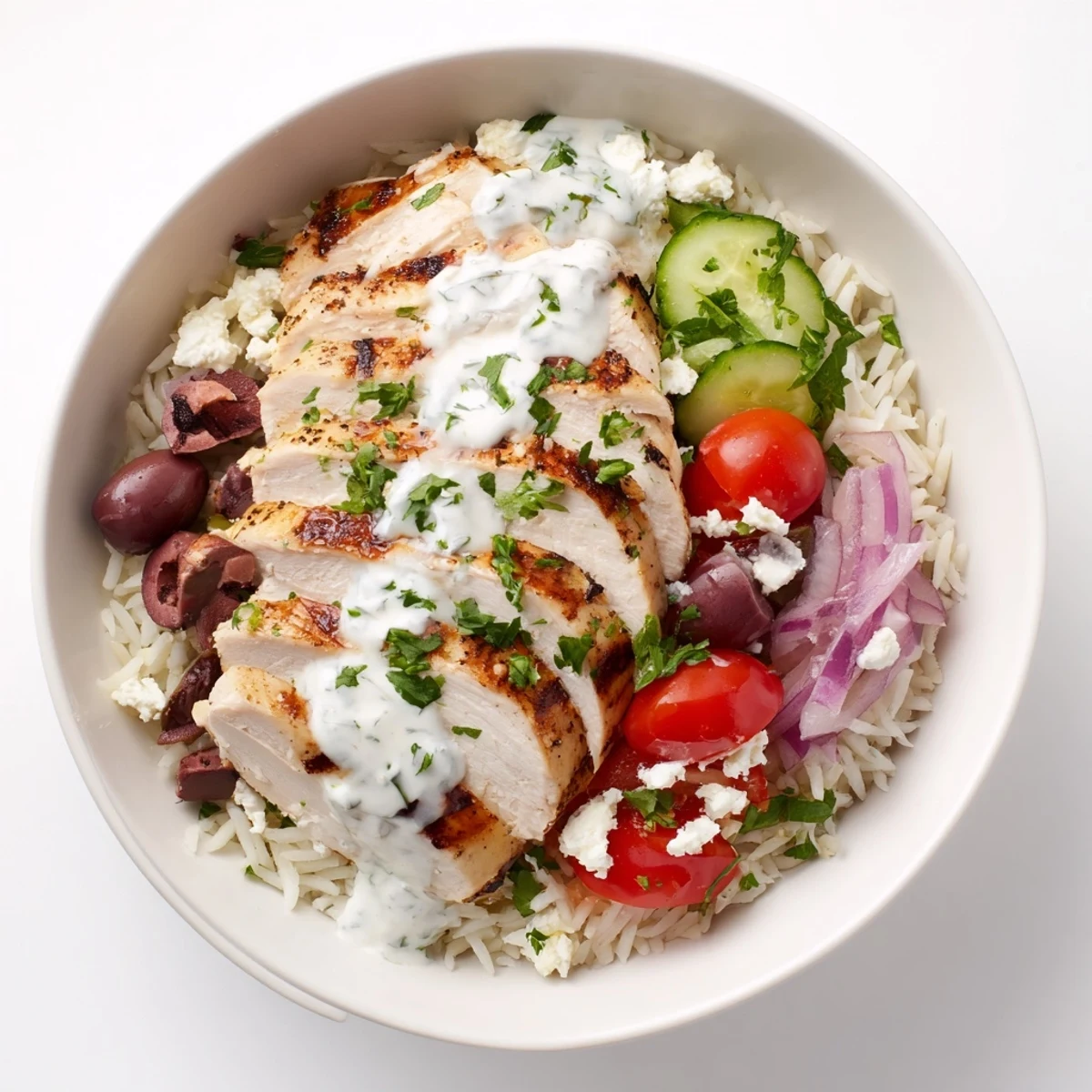 Homemade Greek chicken bowls featuring juicy grilled chicken, crisp veggies, salty feta, and zesty yogurt topping over steamed rice