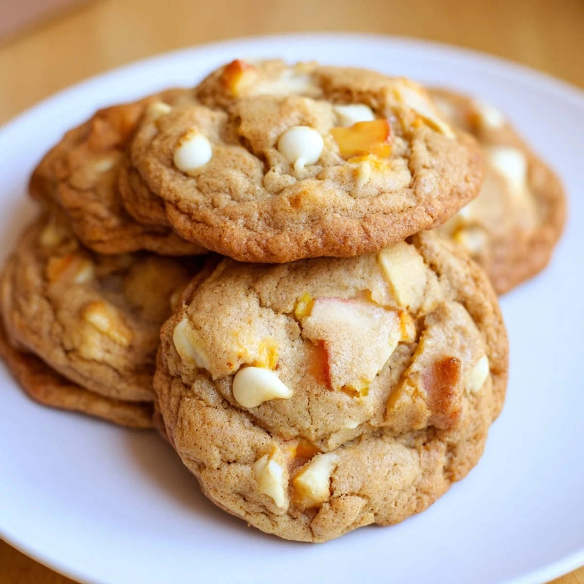 Soft baked Peaches and Cream Cookies studded with fresh peach pieces and cream chips