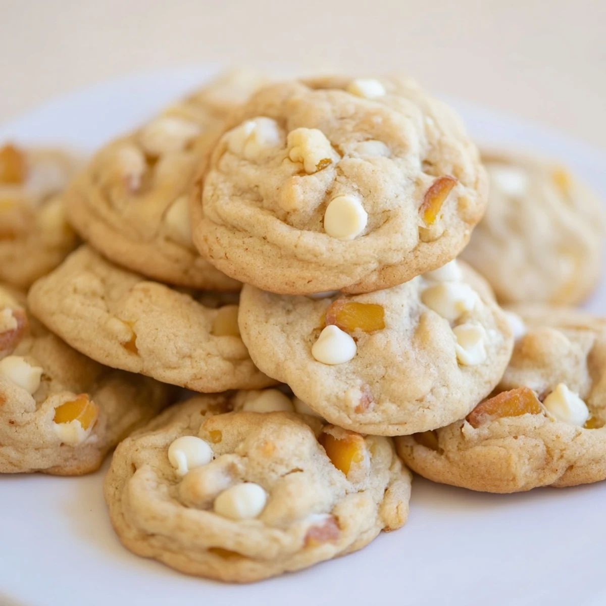 Golden Peaches and Cream Cookies with white chocolate chips on a cooling rack