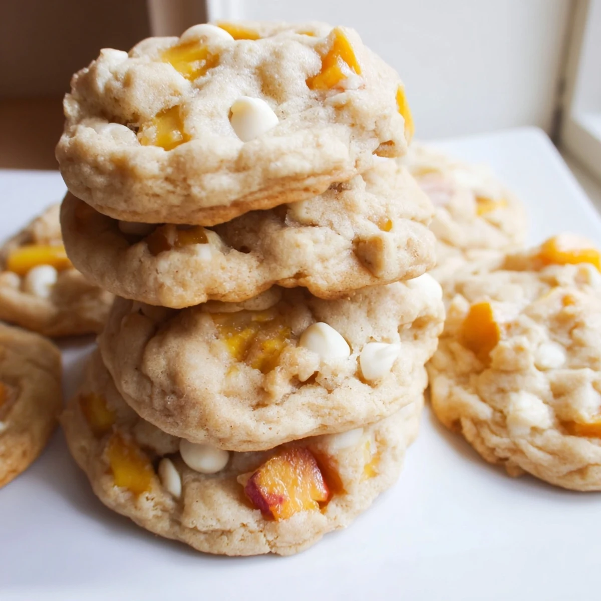 Plate of chewy Peaches and Cream Cookies featuring juicy peach chunks and white chocolate