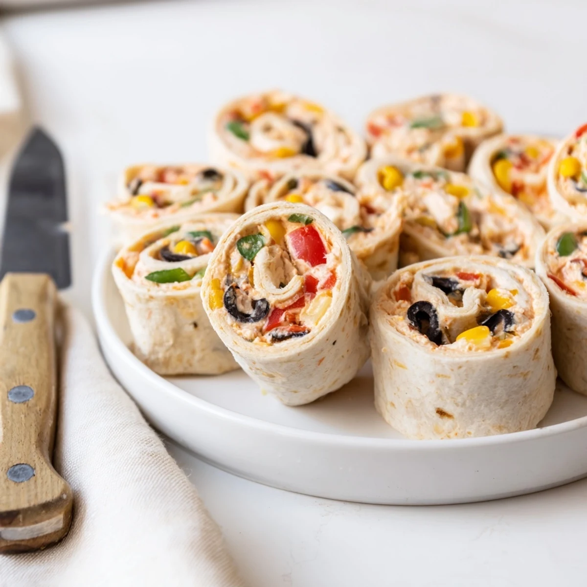 Plate of chilled taco cream cheese pinwheels arranged on serving platter ready for party appetizers
