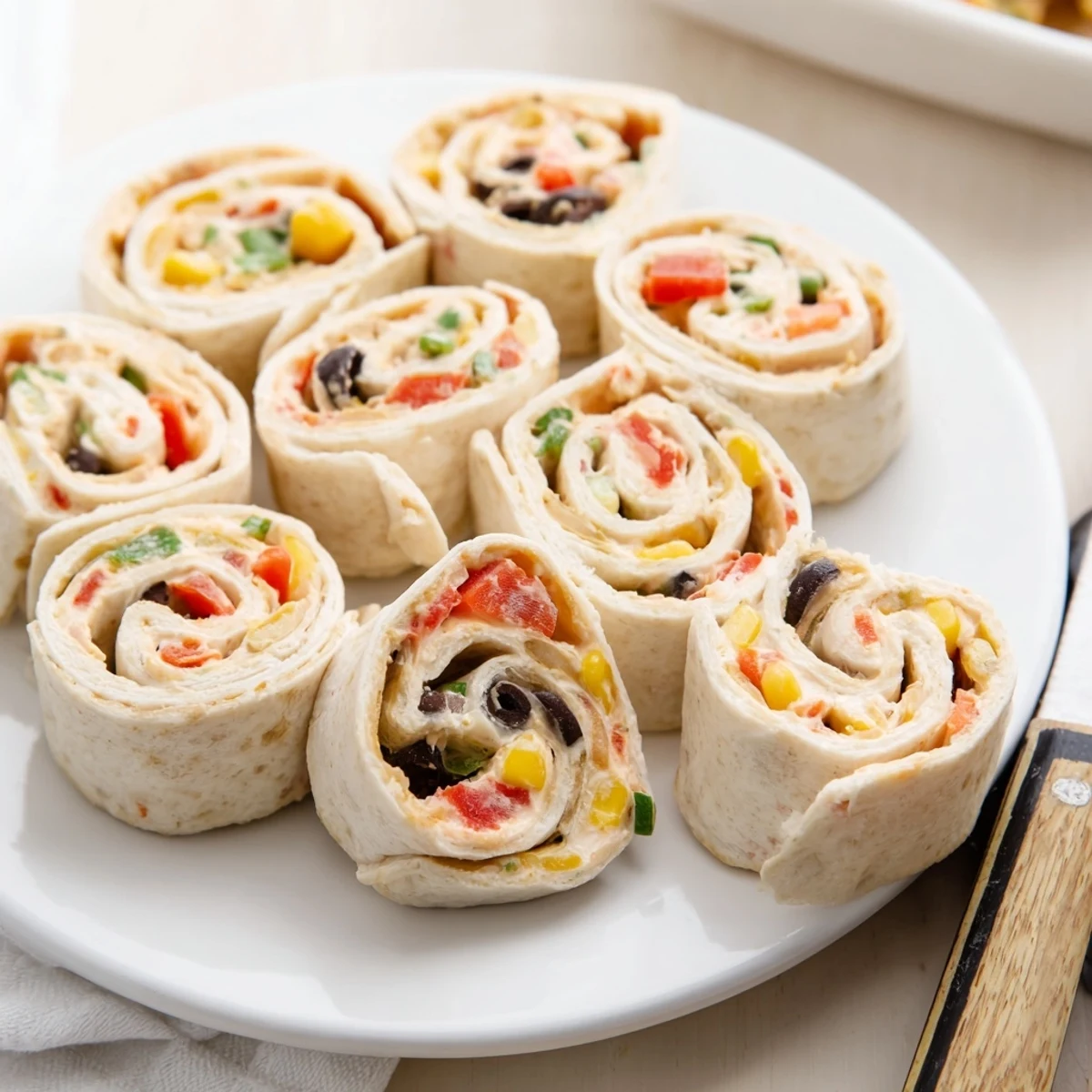Close-up of spiral pinwheels with creamy taco-seasoned cheese and colorful diced vegetables rolled in flour tortillas