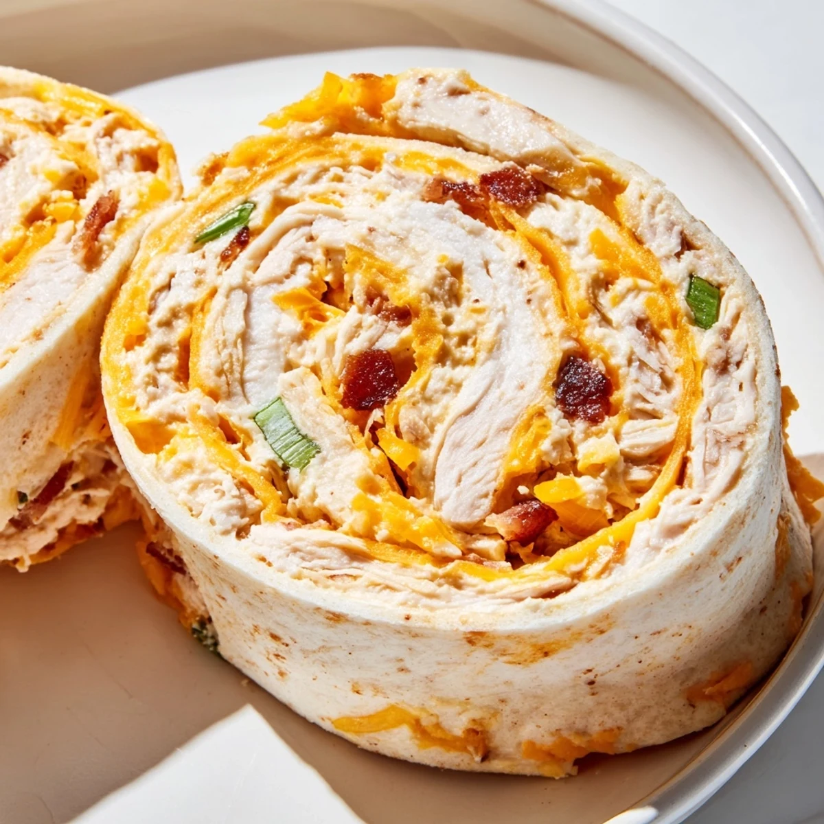 Sliced crack chicken pinwheels showing creamy filling and colorful layers on wooden board