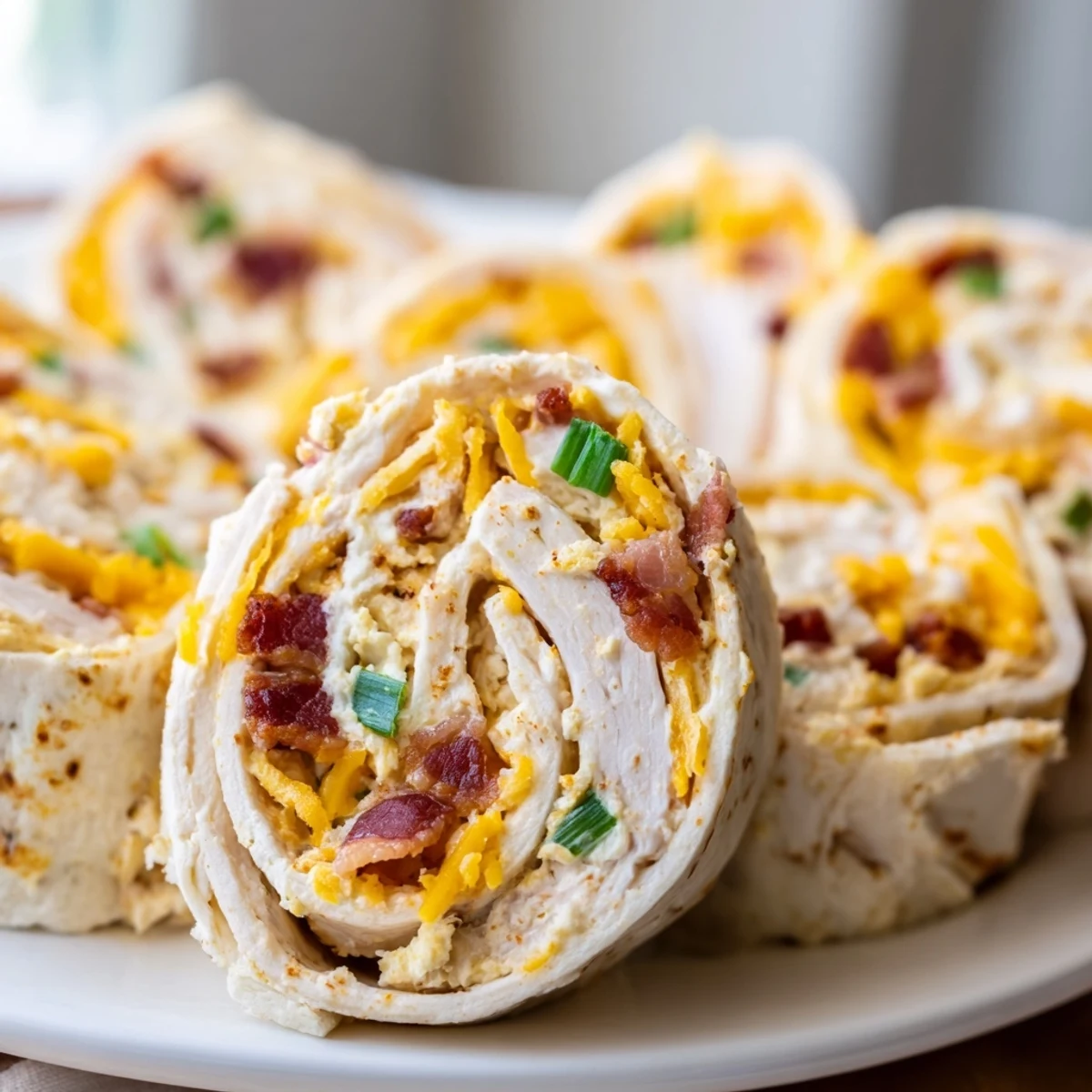 Platter of crack chicken pinwheels arranged on white serving dish with green onion garnish