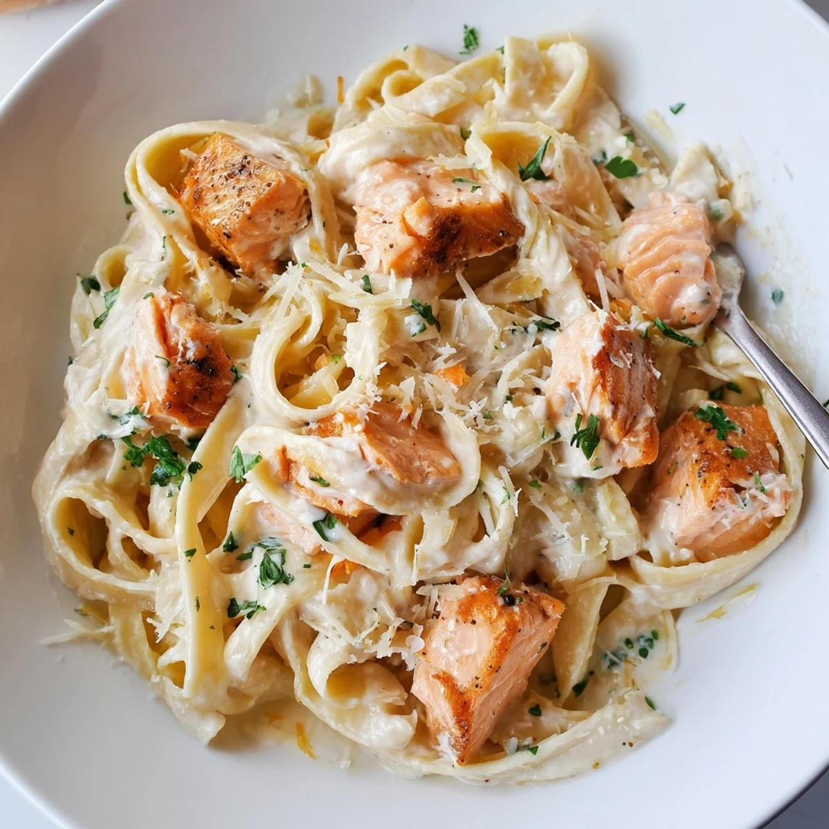 Twirled fettuccine noodles coated in velvety Parmesan garlic cream sauce topped with tender salmon chunks