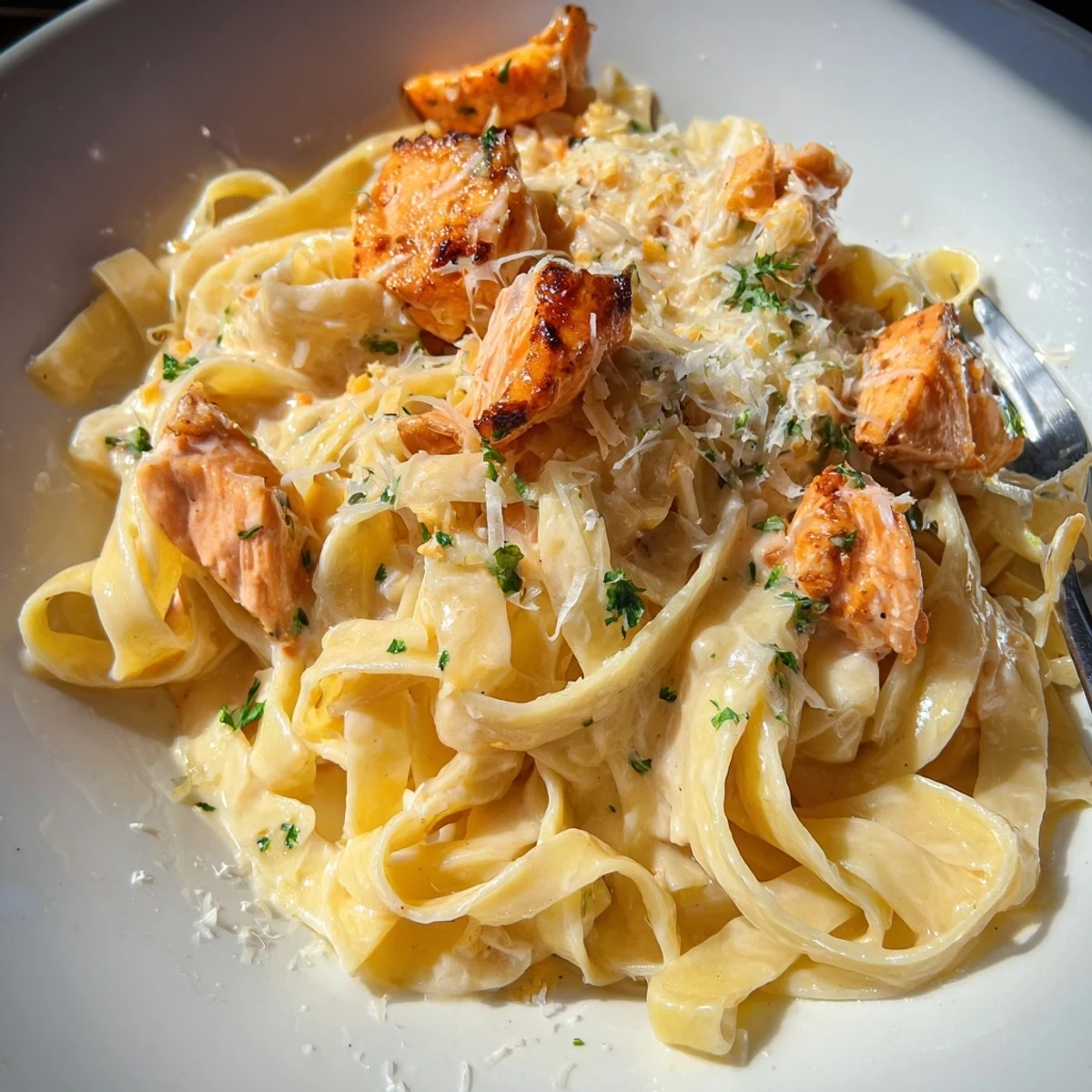 Plate of garlic butter salmon fettuccine pasta tossed in rich white cream sauce with flaked fish