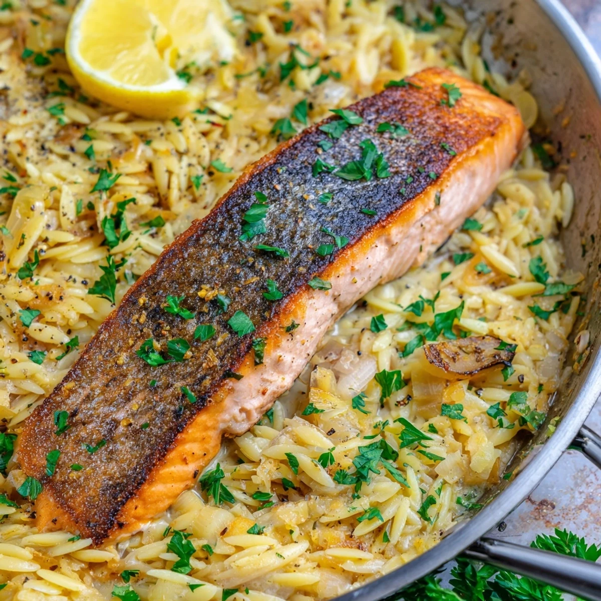 Golden seared salmon fillets resting on creamy lemon orzo in a skillet