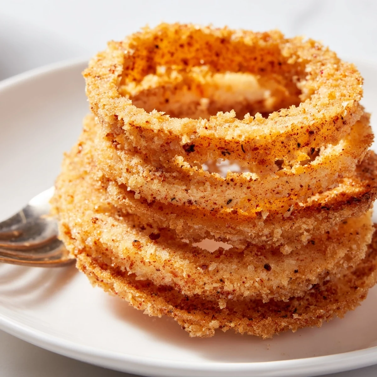 Golden crispy onion ring chips arranged on a plate, ready for dipping