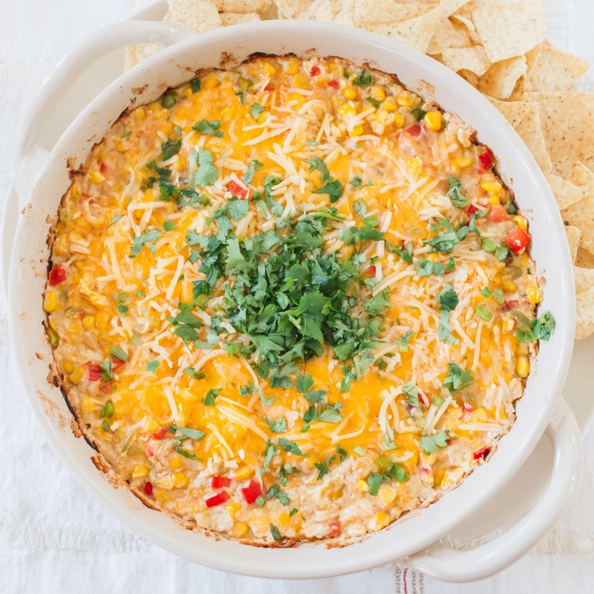 Creamy corn dip bubbling with melted cheddar and Monterey Jack cheeses in a baking dish