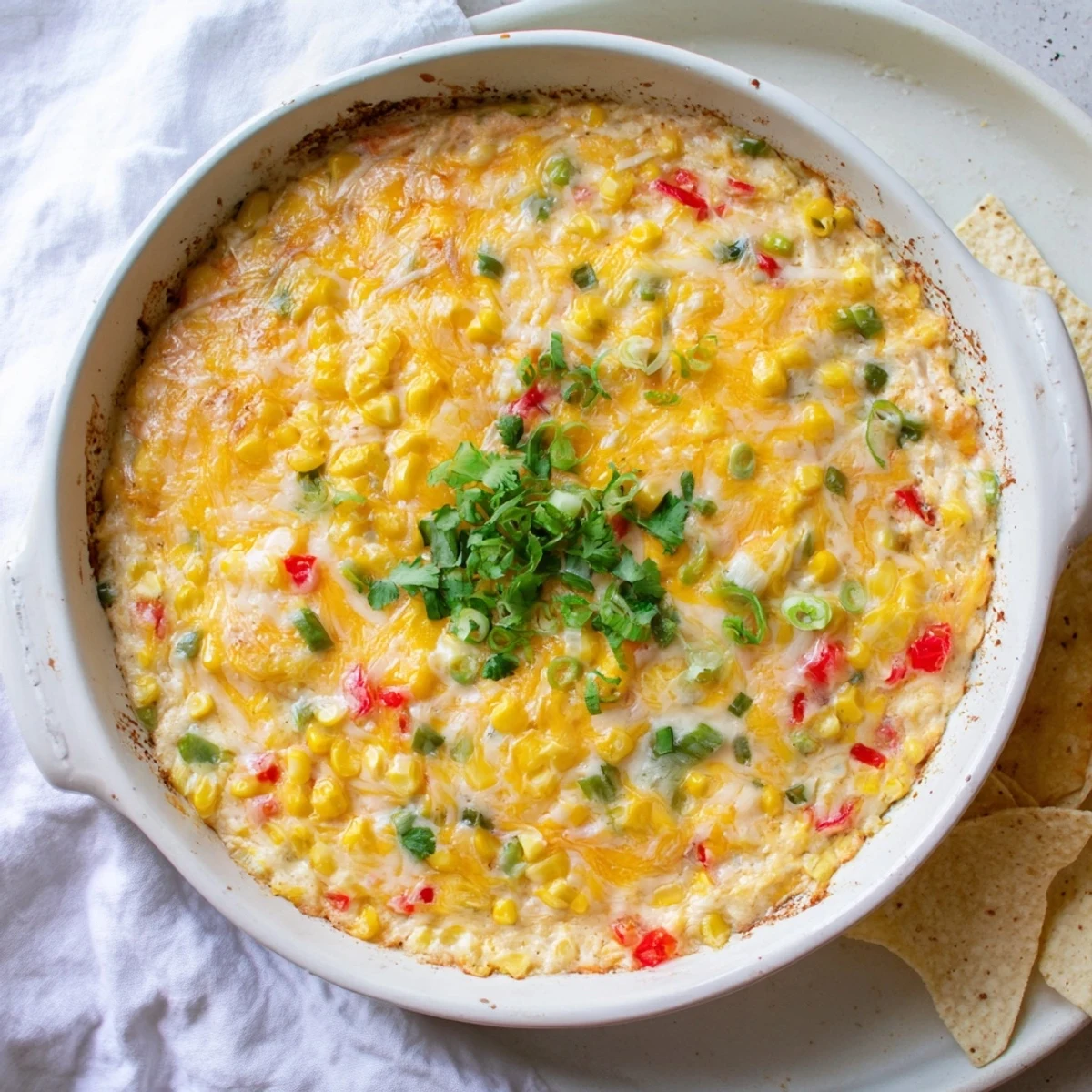 Golden baked corn dip with red bell peppers and green onions served with tortilla chips
