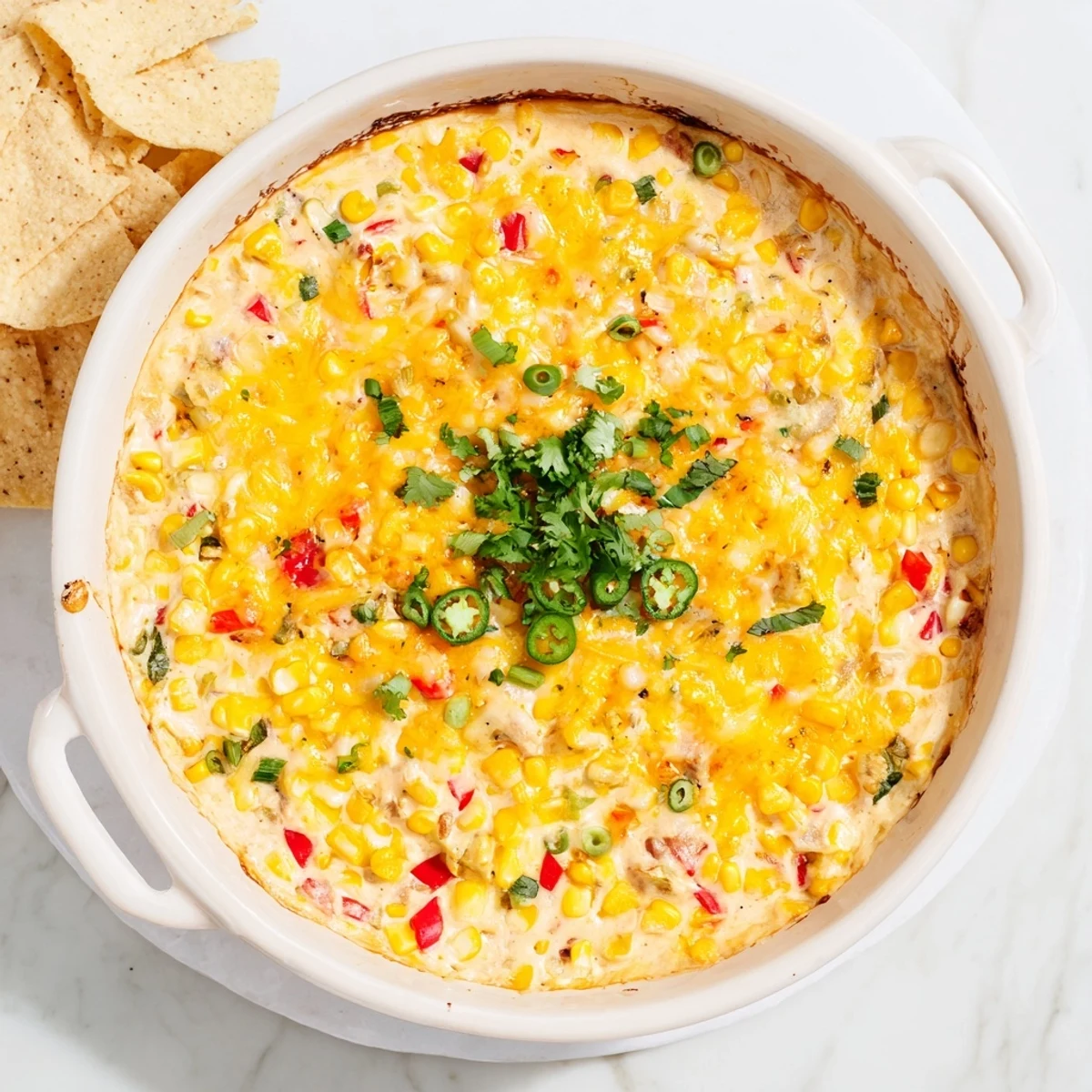 Warm vegetarian corn dip topped with fresh cilantro and ready for party dipping