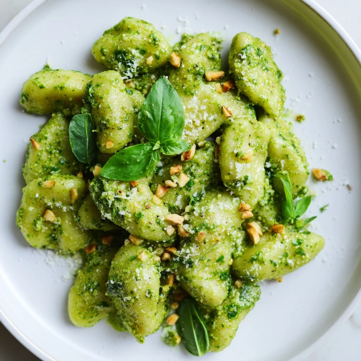 Golden potato gnocchi coated in vibrant green basil pesto sauce with grated Parmesan
