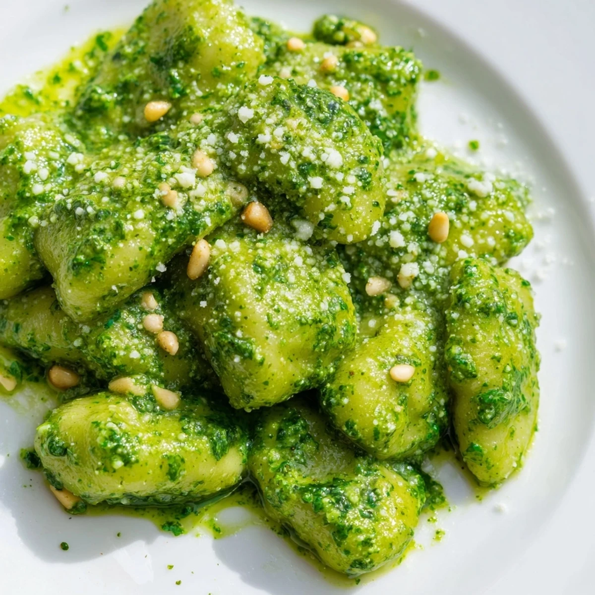 Close-up of Italian gnocchi tossed in creamy homemade pesto with pine nut garnish
